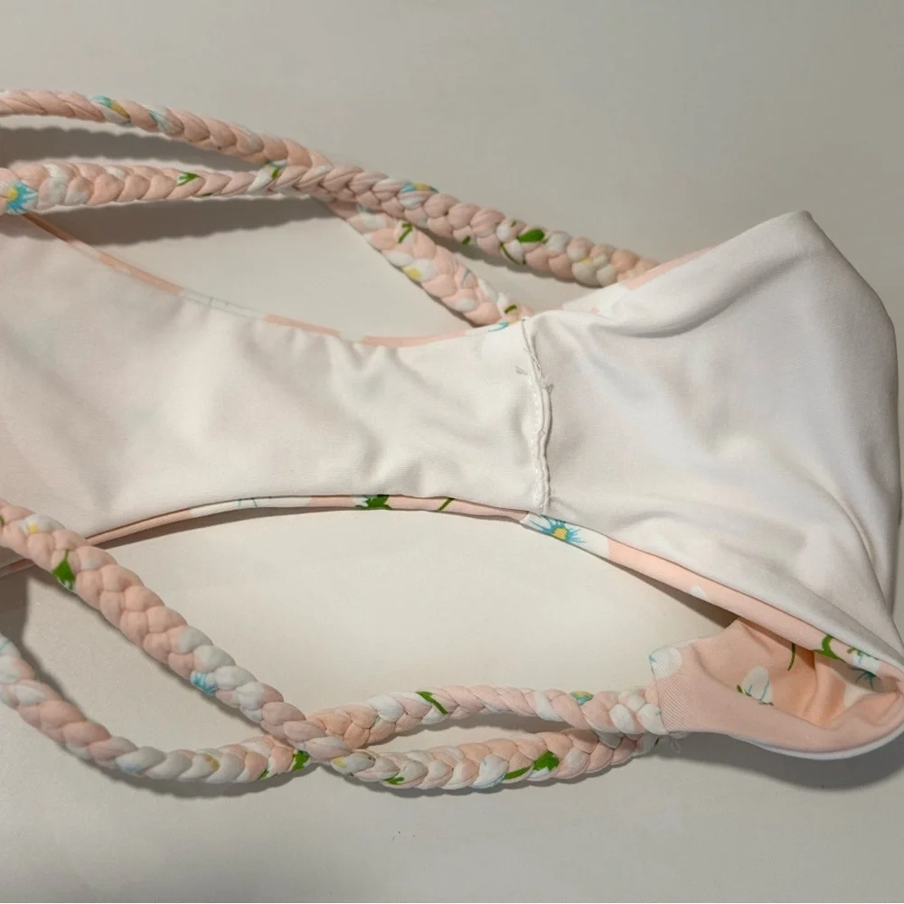 Frankie's Bikinis White and Pink Floral Braided Bikini Bottom